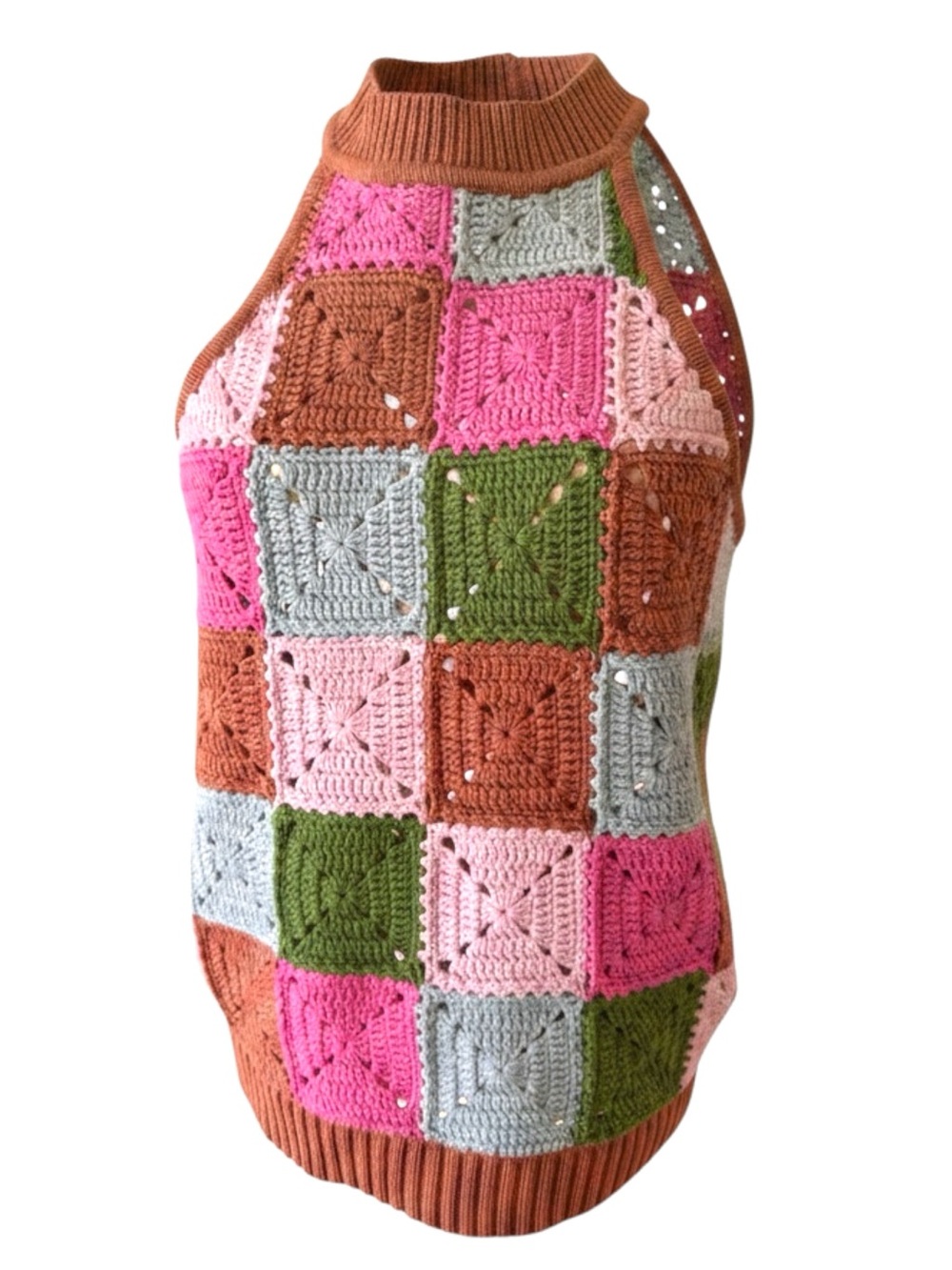 Design 365 Crochet Granny Square Halter Top Boho Knit Tank Sweater Size L NWT